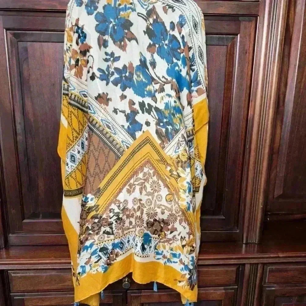 Woven Heart Bohemian Tunic Caftan Summer Lightweight One Size Yellow Blue - Picture 10 of 12